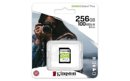 Kingston SDXC Canvas Select Plus pomnilniška kartica, 256 GB 100/85 MB/s (r/w), C10, UHS-I, U1, V10 - Odprta embalaža
