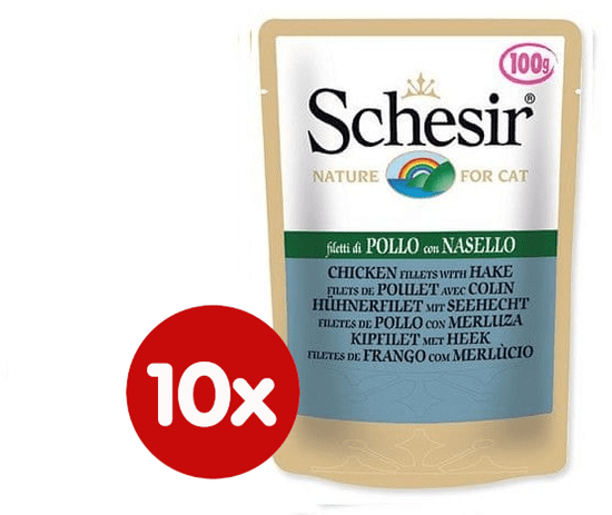 Schesir mokra hrana za mačke s piščancem in osličem, 10 x 100 g