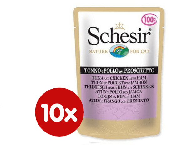 Schesir mokra hrana za mačke s tuno, piščancem in šunko, 10 x 100 g