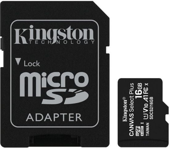 Kingston Canvas Select Plus micro SDHC pomnilniška kartica, 16 GB 100 MB/s, C10, UHS-I, adapter