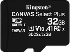 Kingston Canvas Select Plus Micro pomnilniška kartica microSDHC, 32 GB, 100 MB/s, C10, UHS-I, adapter