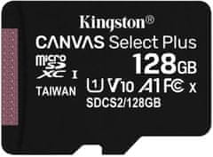 Kingston Canvas Select Plus Micro pomnilniška kartica microSDXC, 128 GB, 100 MB/s, C10, UHS-I, adapter