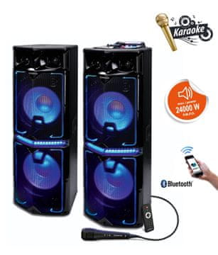Manta SPK5034 disco/karaoke sistem, 2x zvočnik, 24000W P.M.P.O., Bluetooth, USB, SD, 2x Mic, AUX, Radio FM