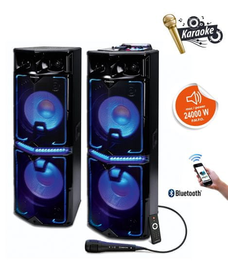 Manta disco/karaoke sistem, SPK5034 2x zvočnik, 24000W P.M.P.O., Bluetooth, USB, SD, 2x Mic, AUX, Radio FM - Odprta embalaža