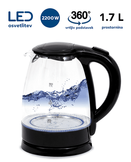 Platinet PEK760B grelnik vode, 1,7 l, 2200 W, LED osvetlitev, 360° vrtljiv podstavek, črn