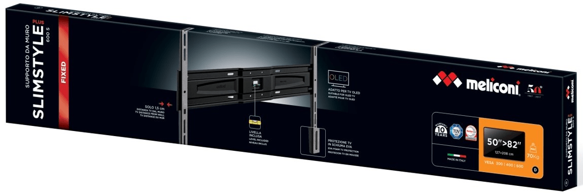 Meliconi 480953 support mural tv fixe slim sp 600s plus pour tv de 50'' a  82'' (127-208 cm) + câble hdmi MEL8006023284801 - Conforama