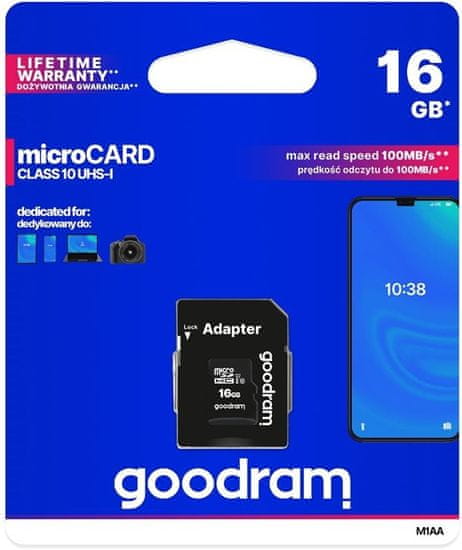 GoodRam spominska kartica microSD 16GB 100MB/s + SD adapter (500304)