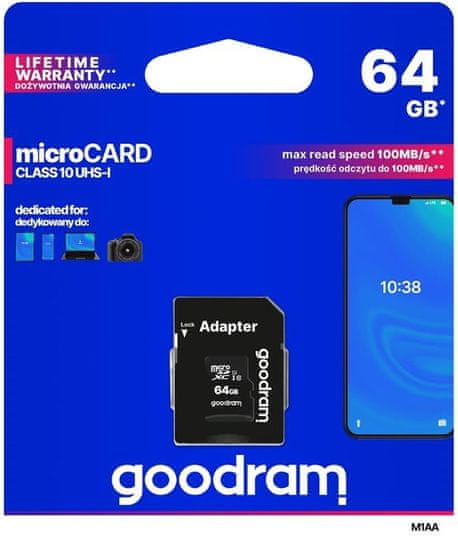 GoodRam spominska kartica microSD 64GB 100MB/s + SD adapter (500307) - Odprta embalaža