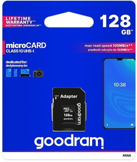 GoodRam spominska kartica microSD 128GB 100MB/s + SD adapter (500306)