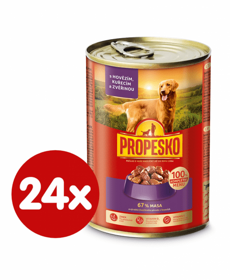 Propesko hrana za odrasle pse majhnih in srednjih pasem, piščanec, divjačina in govedina, 24 x 415 g