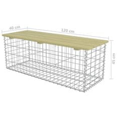 Vidaxl Gabionska klop 120 cm pocinkano jeklo in borovina