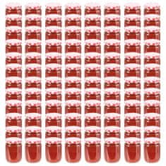 Greatstore Stekleni kozarci z belimi in rdečimi pokrovi 96 kosov 230 ml