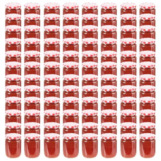 Greatstore Stekleni kozarci z belimi in rdečimi pokrovi 96 kosov 230 ml