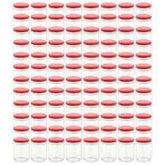 Greatstore Stekleni kozarci z rdečimi pokrovi 96 kosov 230 ml
