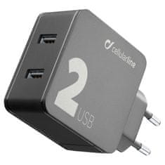 CellularLine Multipower 2, hišni polnilec, 2x USB, 24 W, črn