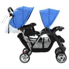 Vidaxl Dvojni otroški voziček jeklen modre in črne barve