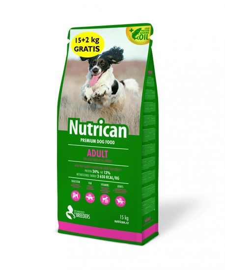 Nutrican Adult hrana za odrasle pse, za male in srednje pasme, 15 kg + 2 kg