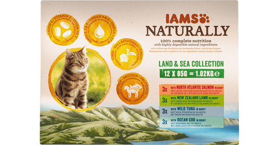 IAMS Naturally Kopno& Morje hrana za odrasle mačke, v omaki, 12 x 85 g