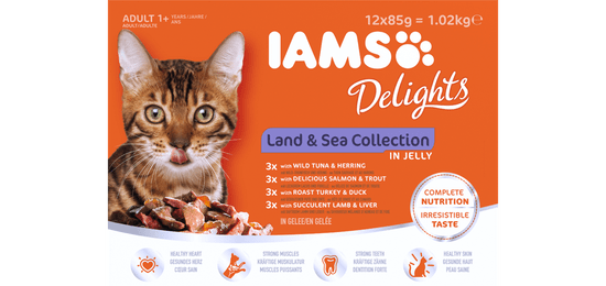 IAMS Delights Kopno & Morje hrana za odrasle mačke, v želeju, 12 x 85 g