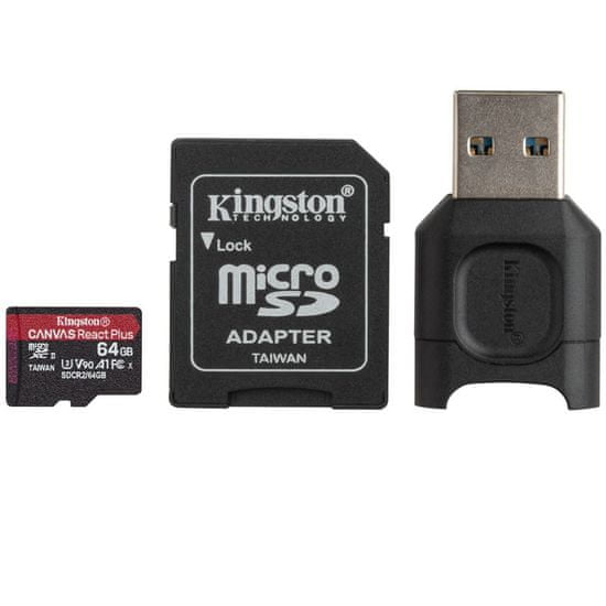 Kingston Canvas React Plus microSD 64 GB spominska kartica + MobileLite Plus čitalec + microSD adapter