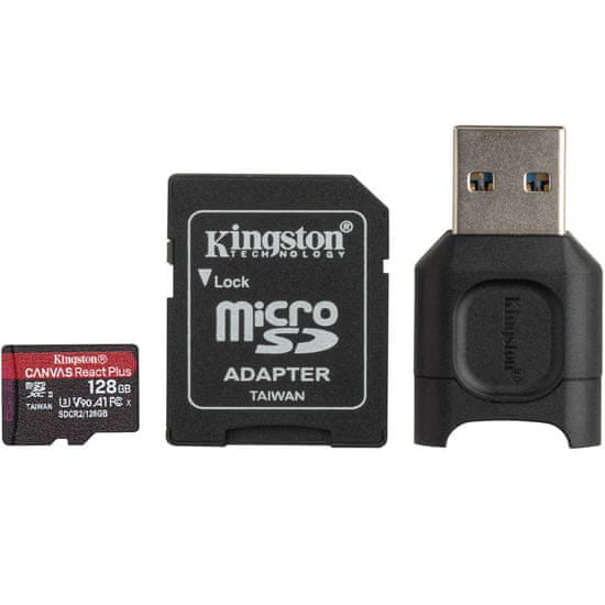 Kingston Canvas React Plus microSD 128 GB spominska kartica + MobileLite Plus čitalec + microSD adapter