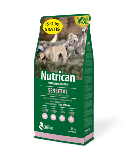 Nutrican with Sensitive hrana za pse z občutljivo prebavo in alergike, 15 kg + 2 kg