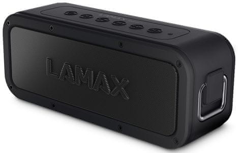 Zmogljiv prenosni Bluetooth zvočnik Lamax Storm1 moč 40 W Dodelanost Zvok IP67 zaščita pred vodo, vzdržljivost 15 ur NFC Prostorski zvok hall super bass usb-c slot USB-C Slot MicroSD kabel priključek 15 m