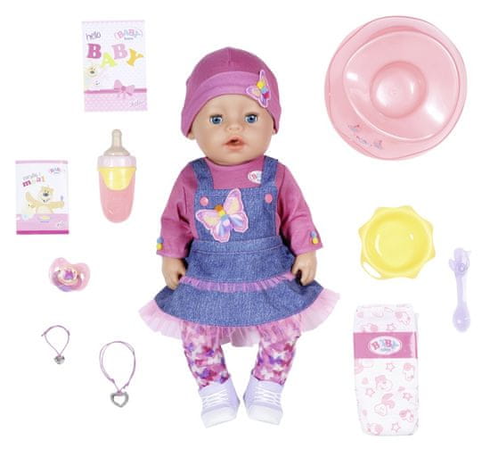 BABY born Soft Touch, deklica v denim obleki, 43 cm