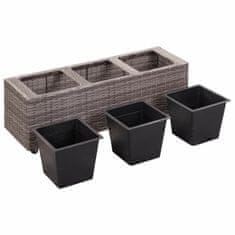 Vidaxl Visoko cvetlično korito s 3 lonci 100x30x36 cm poli ratan sivo