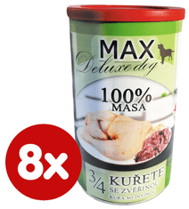 FALCO MAX Deluxe konzerve za odrasle pse, 3/4 piščanca z divjačino, 8x 1200 g - odprta embalaža