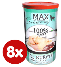 MAX Deluxe konzerve za odrasle pse, 3/4 piščanca z jetrci, 8x 1200 g