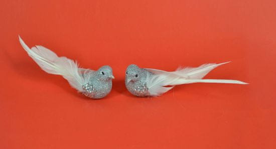 DUE ESSE komplet ptic s srebrnimi bleščicami s sponko in pravim perjem, 13 cm