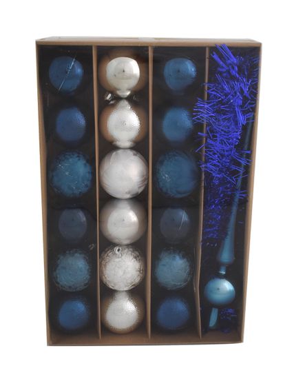 DUE ESSE komplet božičnih bunk s špico in trakom, modro/srebrne, Ø 6 cm, 18 kosov