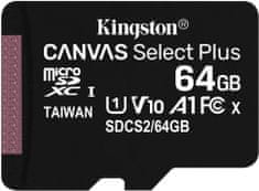 Kingston SDXC Canvas Select Plus Micro pomnilniška kartica, 64 GB 100 MB/s, C10, UHS-I