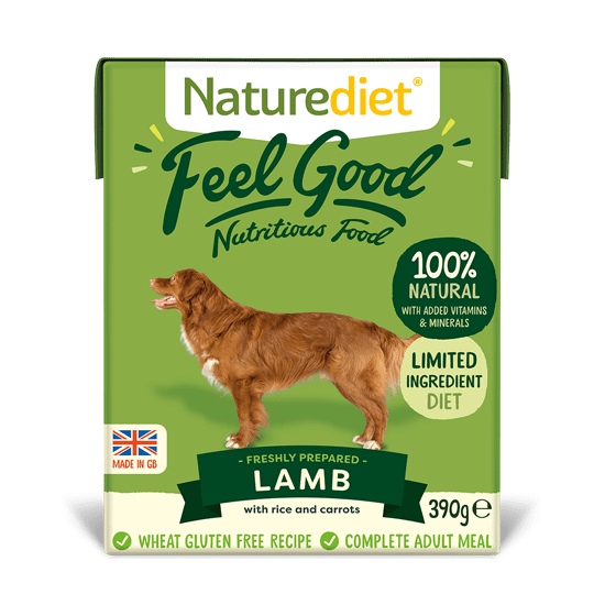 Naturediet Feel Good Lamb pasja hrana, jagnjetina z zelenjavo in rižem, 390 g
