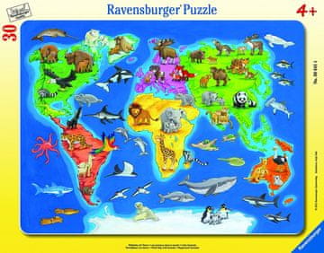 Ravensburger Puzzle Zemljevid sveta z živalmi 30 kosov