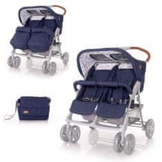 Otroški voziček za dvojčka TWIN + Pokrivalo za noge + Torba z podlogo za previjanje DARK BLUE CLOUDS