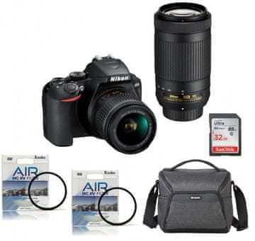 Nikon DSLR fotoaparat D3500 + AF-P 18-55VR + AF-P 70-300VR + Fatbox 32GB + UV filtra