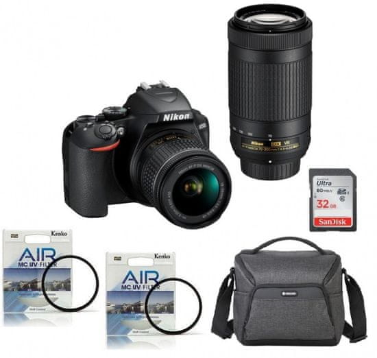 Nikon DSLR fotoaparat D3500 + AF-P 18-55VR + AF-P 70-300VR + Fatbox 32GB + UV filtra