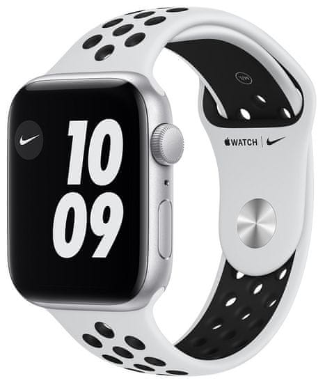 Apple Watch Nike SE pametna ura, 44 mm, srebrno aluminijasto ohišje s platinastim/črnim paščkom