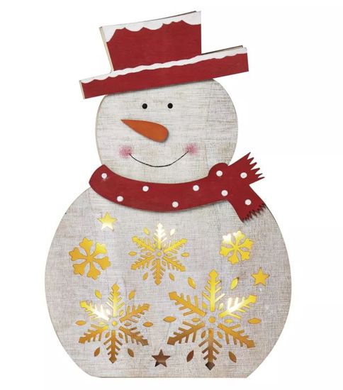 Emos LED božični snežak lesen, 30 cm, 2× AAA, toplo bela, časovnik