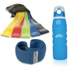 Sport2People steklenica, modra, 1 l + tekstilna elastika za vadbo + set lateks elastik za vadbo, 5 kosov - odprta embalaža
