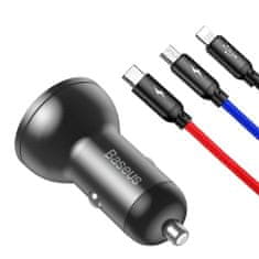 BASEUS Digital 2x USB avtomobilski adapter + 3in1 kabel USB - UBS C / Micro USB / Lightning 1.2m, črna