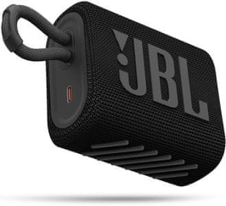 sodoben zvočnik jbl GO 3 bluetooth 5.1 tehnologija jbl za zvok bogat z nizkimi toni presenetljivo zmogljiva moč efektivna efektivnost 4,2 w 5-urno predvajanje li-ionska baterija tekstilna površinska zanka certifikat ip67