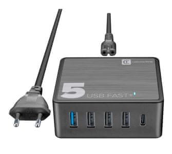 Cellularline Multipower 5 Fast polnilec s petimi vhodi, 4 x USB, 1 x USB-C, 60 W, črn 