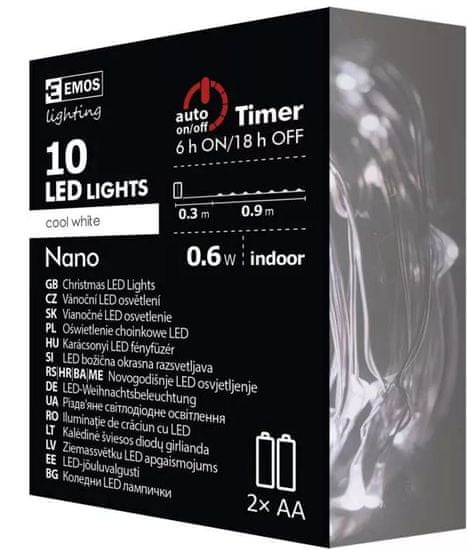 Emos 10 LED nano svetlobna veriga 0,9 m, 2x AA, hladno bela, s časovnikom, srebrna