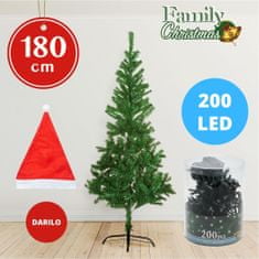 Family Christmas Božični paket - umetno božično drevo s kovinskim stojalom, 180 cm + novoletne lučke 200 kos hladno bele + božična kapa