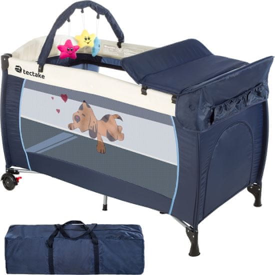 tectake Potovalna posteljica z motivom psička ter s previjalno blazino in vrtiljakom Modra