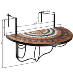 tectake Zložljiva viseča balkonska miza s kamnitim mozaikom 75 x 65 x 62 cm Terakota/bela