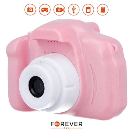 Forever SKC-100 otroški fotoaparat s kamero, igre, polnilna baterija, SD kartica, roza - Odprta embalaža